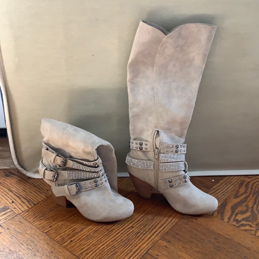 Cream rhinestone boots
